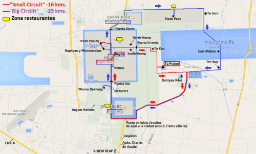 Mapa de los circuitos y templos en Angkor
