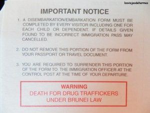 Avisos claros sobre leyes en Brunéi (en la ficha de inmigración) 